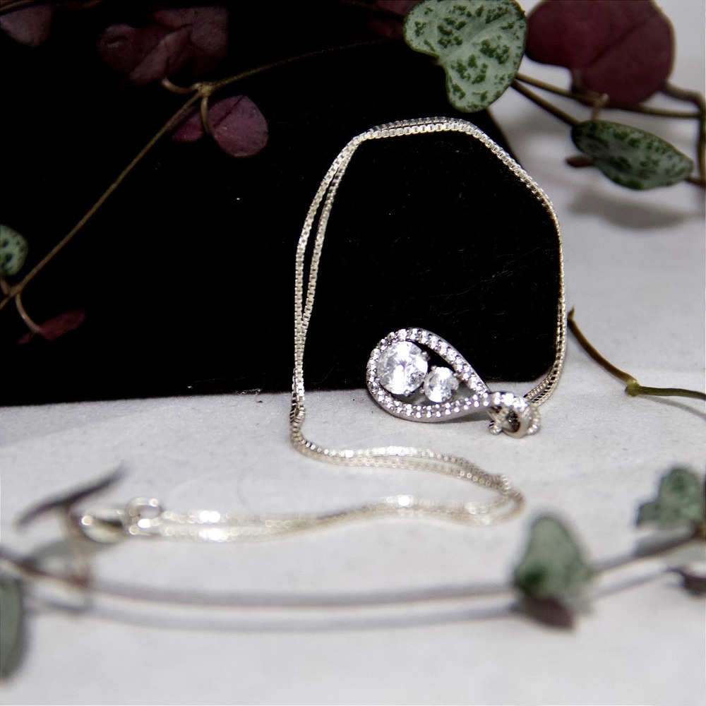 Sterling Silver 925 Teardrop Infinity Cubic Zirconia Pendant Box Chain Necklace